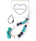 Silicone Teething Necklace for Mom to wear, BPA free, Non-toxic Food Grade beads for baby to chew on, gift box, perfect baby shower gift, turquoise/white/blue