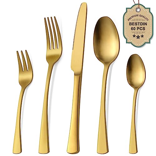 Bestdin Besteck Set 12 Personen, 60 teilig Edelstahl Besteckset Matt Gold Essbesteck Set mit Messer Gabel Löffel, Hochwertiges Edelstahlbesteck, Spülm