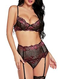 Conjunto de lencería sexy para dama con sujetador y bragas de encaje, sin medias