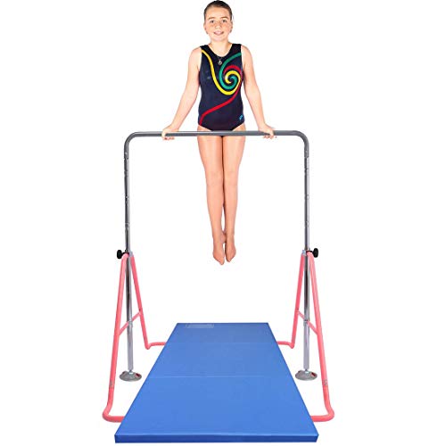 Safly Fun Expandable Gymnastics Bars with Mat Junior Training Bar Gymnastic Folding Horizontal Bars with Mat for Kids(Pink+Mat)