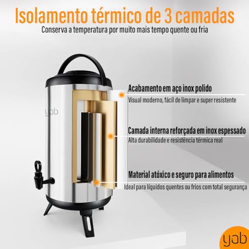Garrafa Térmica Botijão Inox 8 Litros YAB Com Torneira Café Chá