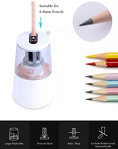 Pencil Sharpener Electric Heavy Duty Battery USB Operated, Helical Steel Blade Sharpen all 6-8mm Pencil, Including Colored Pencils, School Office Supplies for Kids Adult (Electric White) - Thumbnail 3