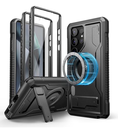 Dexnor Cover Magnetica per Samsung Galaxy S24 Ultra Cover, Compatibile con MagSafe 【Con pellicola protettiva a 360 ° e staffa】, Heavy Duty Protezione Militare Grado Shockproof Custodia - Nero