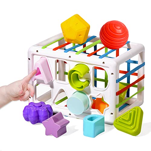 Baby Shape Sorting Toy, 2 in 1 Sensory Shape Bin with Colorful Elastic