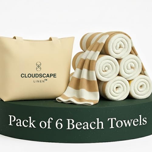 Cloud Scape Linen 6 Pcs Oversized Cotton Beach Towel Set | Quick Dry, Highly Absorbent & Extra Large 76x152 cm Pool Towels | Beige Cabana Stripe for Family, Travel, Gym, & Picnic