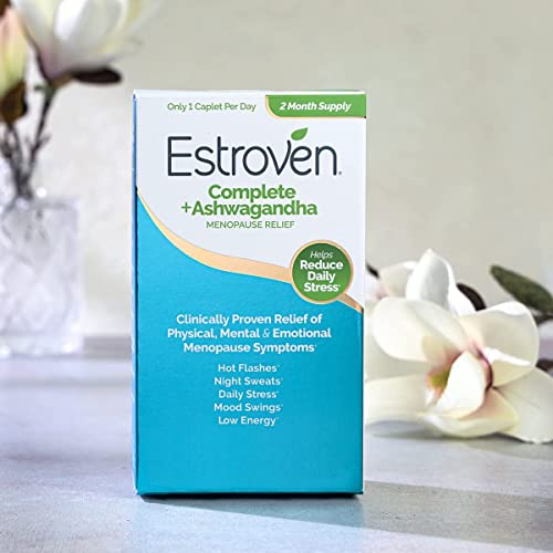 ESTROVEN COMPLETE + ASHWAGANDHA MULTI-SYMPTOM MENOPAUSE SUPPLEMENT FOR WOMEN – 60 CT. – CLINICALLY PROVEN INGREDIENTS PROVIDE MENOPAUSE RELIEF & NIGHT SWEATS + HOT FLASH RELIEF* – DRUG-FREE & NON-GMO