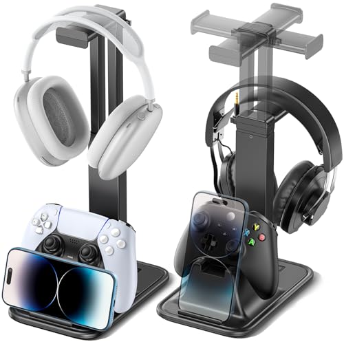 Gaming Headset & Controller Stand, Rotating Headphone Storage with Controller & Phone Holder, Game Desk Storage with Cable Organizer for PS5/PS4/XBOX PC Gamer Essentials Organizer Gift Accessories