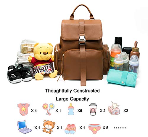 Diaper Bag Backpack by Mominside, Leather Backpack for Women, Travel Backpack Baby Bag with 15 Pockets, Changing Pad, Large Capacity for Wet Clothes, Breast Pump, Milk Bottle (Brown)