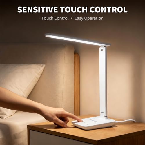 YAMYONE LED Desk Lamp with USB Port, Touch Control, Eye-Protection Light, 5 Color Modes and 5 Brightness Levels, Ideal for Bedroom, Study and Nightstand (White)