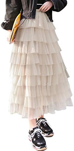 Itemnew Women's Sweet Elastic Waist Tulle Layered Ruffles Mesh Long Tiered Skirt
