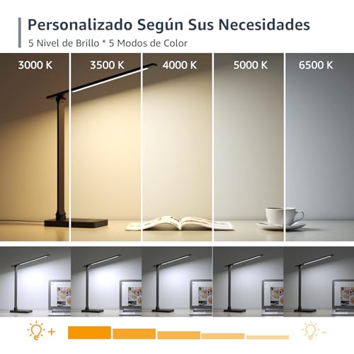 Lepro Lámpara de Escritorio LED, Luz de Mesa Metálica 9.5W 750 Lúmenes, 5 Modos de Color y 5 Niveles de Brillo, Lámpara Regulable para Oficina en Casa, Lectura, Manualidades, Costura, Negro