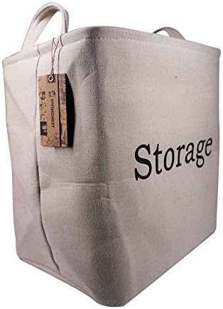 VIVIMONKEY Storage Bin Fabric Linen Cotton Foldable Hand-Held Organizer Box Big Canvas Basket Bag for Baby &amp; Kids Toys, Clothes, Cars and Books (Beige With Storage Print)