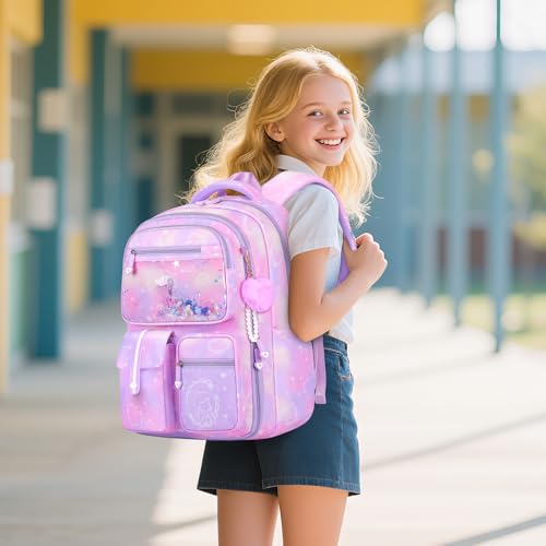 Amythe Set of 3 Teen Girls School Bag | School Bag Lunch Bag Pencil Case School Travel 15.6 Inches Portable Purple
