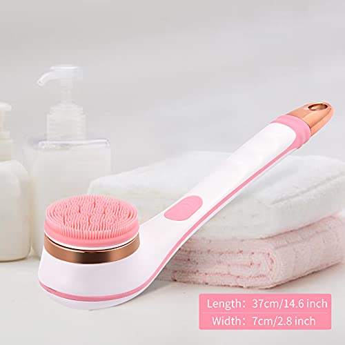 NAGRAN Rechargeable Body Brush Rotating Long Handle Body Scrubber for Back Scrubber and Body Exfoliator Deep Cleansing Waterproof and non-slip with 4 Brush Heads (Pink)