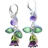 Colorful Floral Earrings, Purple Glass Bell Flowers, iridescent Leaves, Green caps, fancy Sterling Silver leverback