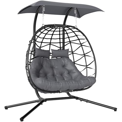 Outsunny Double Hanging Egg Chair with Canopy, Foldable Wicker Egg Swing Chair with Steel Stand, Cushion, Headrest, Indoor Outdoor Hammock Chair, 573lbs Capacity, Black