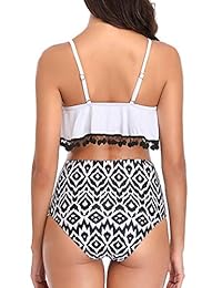 evaless para dama negro y blanco zigzag correas de debería volante Bikini de Cintura Alta Traje de baño Plus tamaño M-3 XL