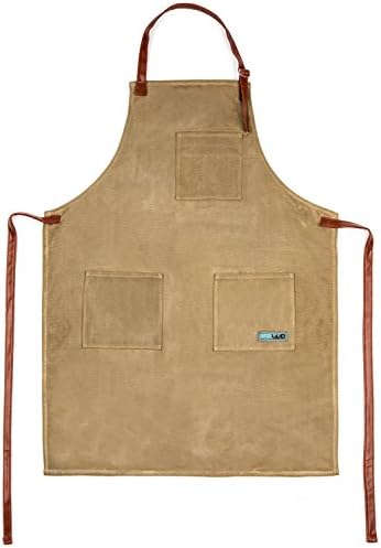 Utility Waxed Canvas Apron Durable with PU Leather Strap and Reinforced Stitching - Heavy-Duty Waterproof Apron (Tan)