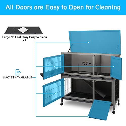 Rabbit Hutch Indoor&Outdoor with Wheels/Pull Out Plastic Trays/Ramp
