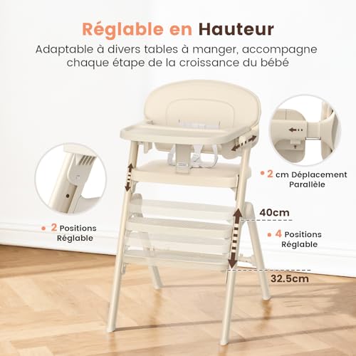 PAMPORPET Evolutionary Baby Highchair – From 6 Months Up to 90 kg – Folded High Chairs with Adjustable Seat/Footrest, Removable Tray and Cushion/5-Point Harness – Ergonomic Compliant (Beige)