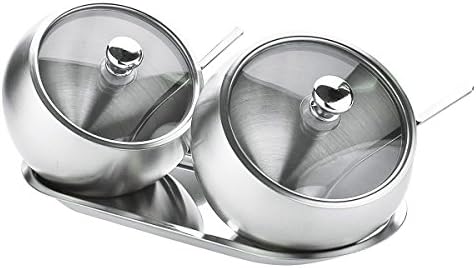 Sugar Bowl, Sugar Bowl with lid and Spoon, Stainless Steel 304 Body and Clean Glass Lid, Tilt Condiment Container Spice Jar for Salt, Sugar, Coffee, Tea and Herbs (2PK with Tray)