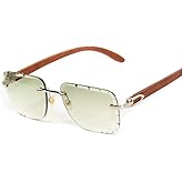 Square Silver Metal Frame Gem Cut Rimless Trendy Mint Green Gradient Tint Unisex Sun Glasses Men's Retro 90's Hip Hop Woodgrain Rectangle Frameless Diamond Cut Lens Wood ArmShades Sunglasses