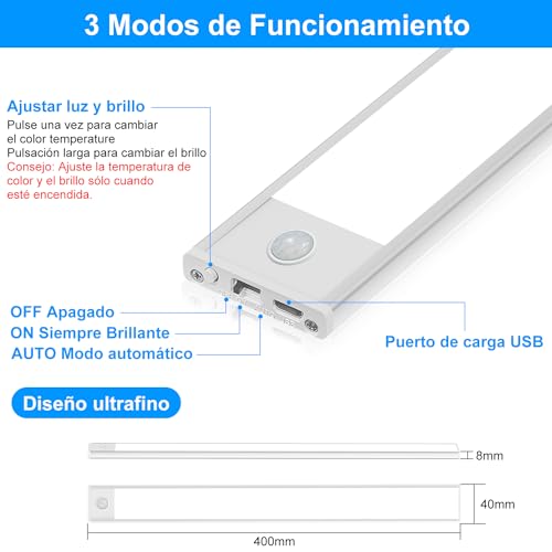 Sunsign Led Luz con Sensor de Movimiento Paquete de 2, 80 LED inalámbricas recargables Lámpara Armario, 2000 mAh, 3 Temperaturas de Color Lampara Recamara,para cocina, clóset, pasillo (40cm)