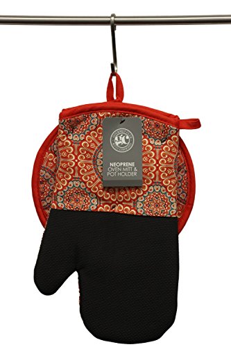 Gourmet Club Oven Mitt & Potholder Set w/Neoprene for Easy Gripping, Heat Resistant up to 500 Degrees F, Medallion Salsa