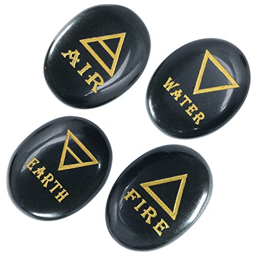 Crocon 4 elements Black tourmaline Stones Engraved Triangle Symbols (Earth Air Fire Water) Polished Palm Stones for gemstone Reiki Crystals Healing