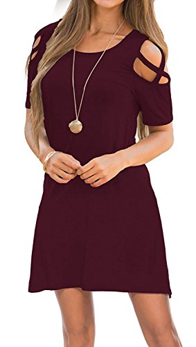 KATEKATECAT Womens Dresses Cold Shoulder Round Neck Loose Tunic Casual T Shirt Dress Burgundy M