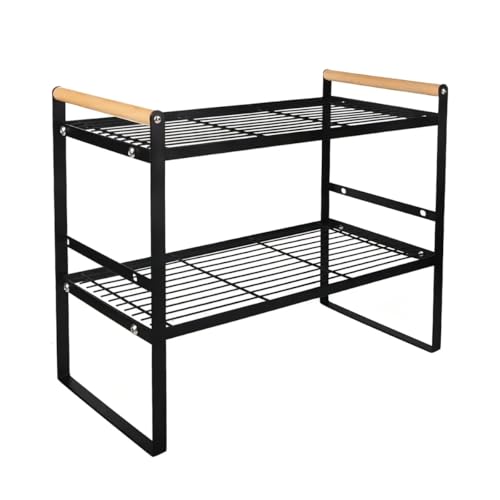 Prateleira Organizadora de Cozinha 2 Andares 33x33x20cm | Organizador de Armário Aramado em Metal Resistente com Cabo de Madeira Antiferrugem para Louças e Utensílios (Preto)