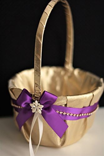 Gold Purple Flower Girl Basket with Brooch / Gold Purple Petals Basket with Brooch / Gold Purple Wedding Basket with Brooch