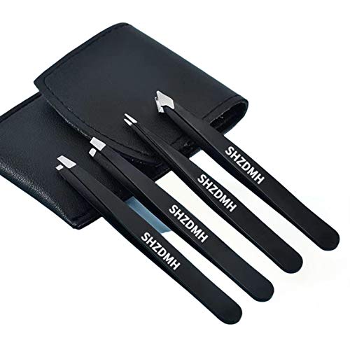 4-Piece Combination Tweezers Set-Black with Leather Case