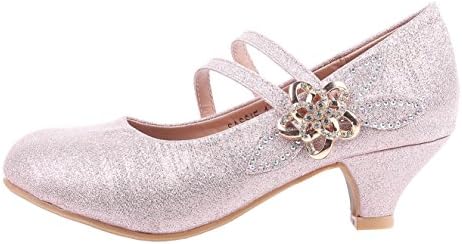 Girls Kids Youth Dressy 1.625" Heels Elastic Straps Glitter Blink Flower Rhinestone Casual Dress Shoes New Without Box (1, Rose Gold)