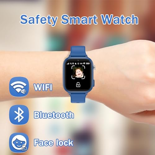 pmstuy Children's GPS Smart Watch, 4G Teen Smart Watch with Telephone, Video Call, WiFi, Bluetooth, SOS, Class Mode, Face ID, App Store, Whatsapp, Alarm Clock, IP68 Smartwatch Children Gifts (Blue)