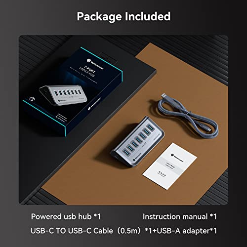 Yottamaster USB 3.0 Hub 7 Port, Powered USB Hub 5V / 3A, Type C to USB 3.2 Gen1 Data Hub with USBC to USBA Adapter for Laptop, iMac, Surface Pro, XPS, USB Flash Drives, Mobile HDD, and More(1.6ft)