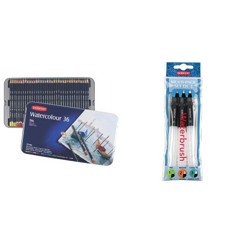 Derwent Watercolour Pencils Tin (Set of 36) with Derwent Waterbrush Multi-Pack (Pack of 3)