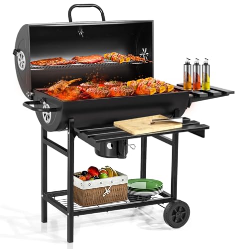 Asador de Carbon Portatil,Asadores Parrilla de Carne Carbon con Mesa Frontal Lateral para Especia Alimento Accesorios para Asador,Empotrable Parrilla para Asar 2 Capas,Gran Espacio para Cocinar Patio
