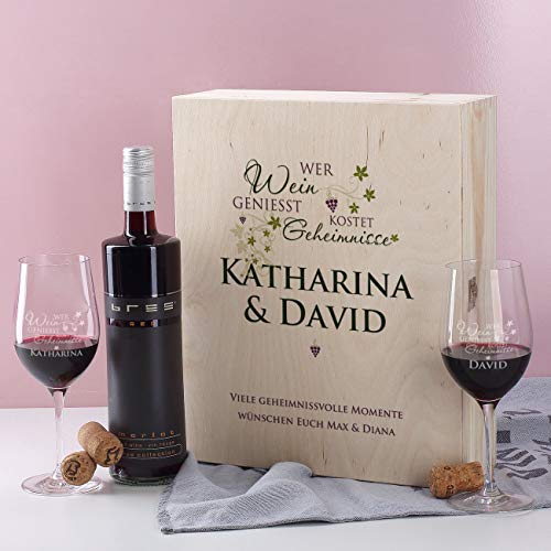 Privatglas Weinpräsent inkl. 2 gravierte Weingläser mit Bree Wein auswählbar in edler Geschenkverpackung Rot – Bild 3