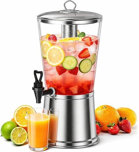 WantJoin Beverage Dispenser with Stand, 2 Gallon Drink Dispenser with Ice Core, Stainless Steel Juice Dispenser with Spigot, Clear PC Beverage Jar for Parties, Buffet, Lemonade, Juice (8 L)