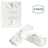 Fitted Crib Sheet Set 2 Pack - 100% Jersey Knit Cotton With Lovely Animals Prints in White, Gray and Mint, Perfect Toddler Gift