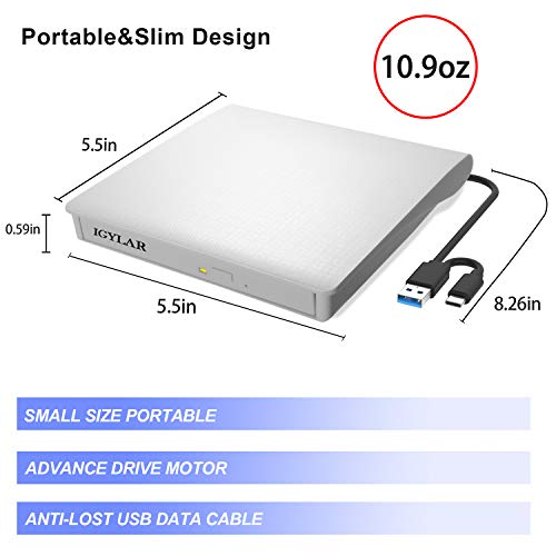 iGylar External CD DVD Drive, USB 3.0 & Type C External DVD CD Player, Plug & Play Burner High Speed Data Transfer DVD Player for Laptop Notebook PC Support Windows/Vista/7/8/10, Mac OS & Linux - Thumbnail 4