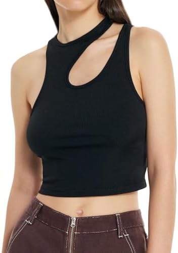 CIDER Women's Cut Out Tops Asymmetrical Neck Sleeveless Crop Tank