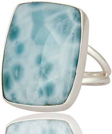 92.5 Sterling Silver Ring, Larimar Gemstone Ring, Genuine Larimar Bezel-Set Fine Jewelry Ring