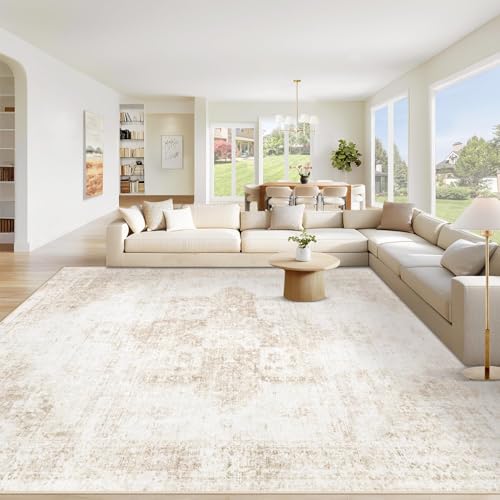 VECARF Area Rug 9x12 Washable Rug, Vintage Boho Medallion Rugs Non-Slip Soft Low Pile Large Distressed Rug Indoor Retro Carpet for Living Room Bedroom Dining Room Home Office (Beige, 9'x12')