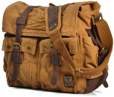 17" laptop Canvas Leather School Shoulder Messenger Camera Bag Khaki HOP