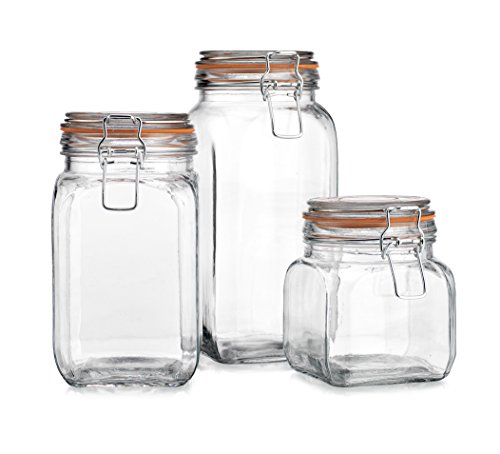 Airtight Glass Canister Hermetic Seal Bail & Trigger/Jar with Lidx2022; Use As Tea - Coffee - Sugar Canisterx2022; Wide Mouth/Square Shape/Set of 3