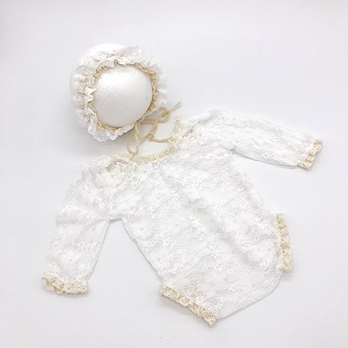 Baby Photography Props Lace Hats Rompers Newborn Girl Photo Shoot Outfits Hat Set Infant Princess Costume (White)