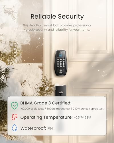 DESLOC C110 Fingerprint Keyless Entry Door Locks, Front Door Smart Lock Deadbolt with Handle Set, Auto-Lock, Backlit Keypad, 12 Months Battery, IP54, BHMA Grade 3 (Black)