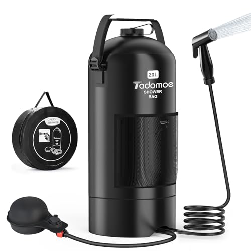 Tadomoe 20L Portable Solar Camping Shower with Foot Pump & Hose 2 m – Foldable Outdoor Shower Bag with Shower Head and Bag – Ideal for Travel, Van, Beach, Dog and Garden
